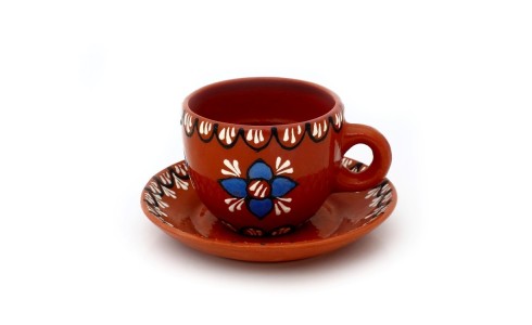 Kávéscsésze tányérral, barna, kék virág, vonalak