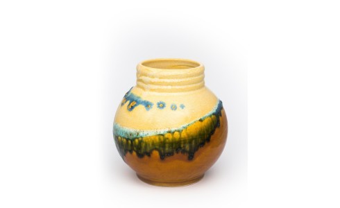 Kis gömb váza nyakkal, sárga-kék-zöld